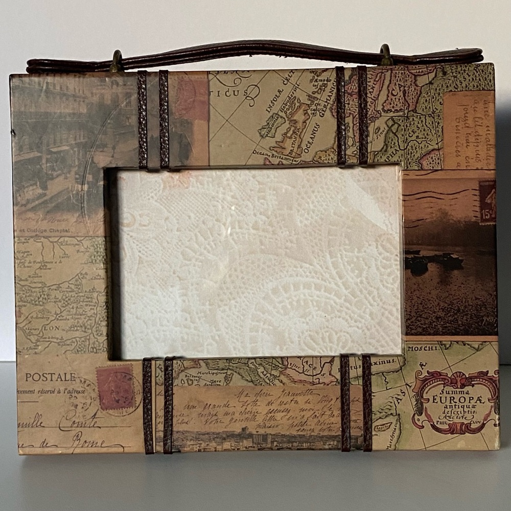 Suitcase Frame Old World Map Mud Pie 4 X 6” Photo Leather Handle Vintage Look